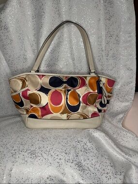 Coach Cream Multicolor Patterned Shoulder Bag with Navy, Pink & Tan Accents